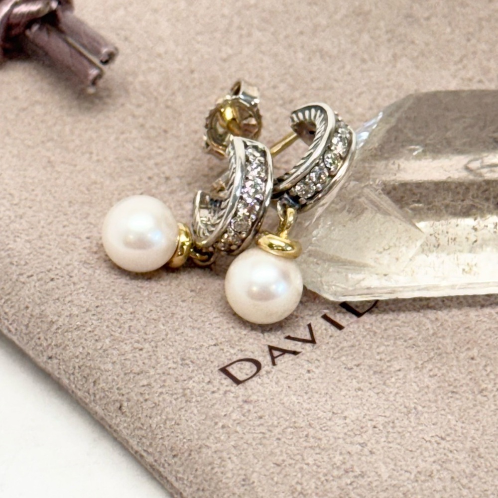 David Yurman .925 18K Gold Diamond Pearl Dangle Drop Earrings